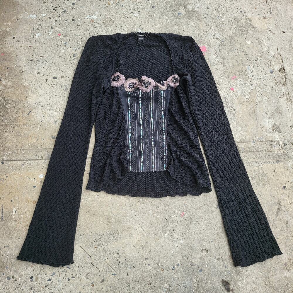 Vintage Ann Ferriday Goth Shirt One Size Black Long Sleeve Floral Whimsygoth